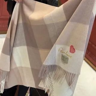 Burberry Bege Cinza Padrão Xadrez Clássico Logo Bordado Cachecol de Cachemira