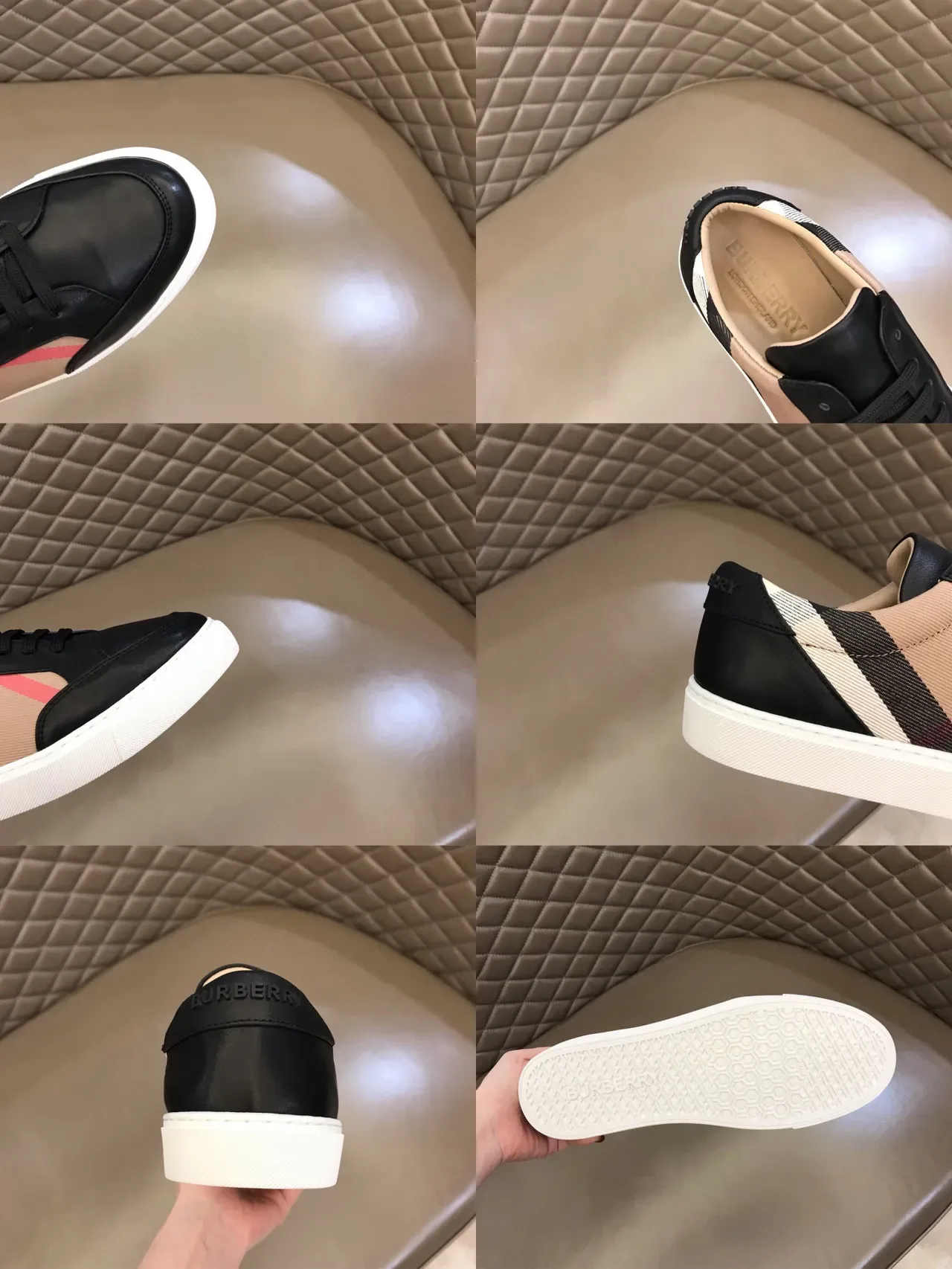 Burberry 黑米色低帮皮革和格纹生活方式运动鞋 2