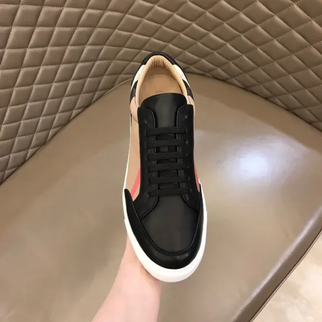 Burberry 黑米色低帮皮革和格纹生活方式运动鞋 4