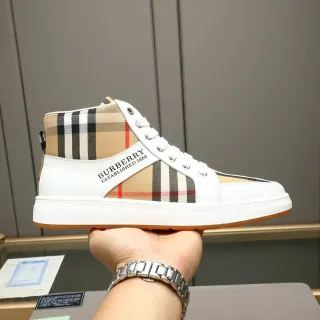 Burberry High-Top House Check and White Leather Lifestyle Sneakers — catalogue photo via WWTop Yupoo