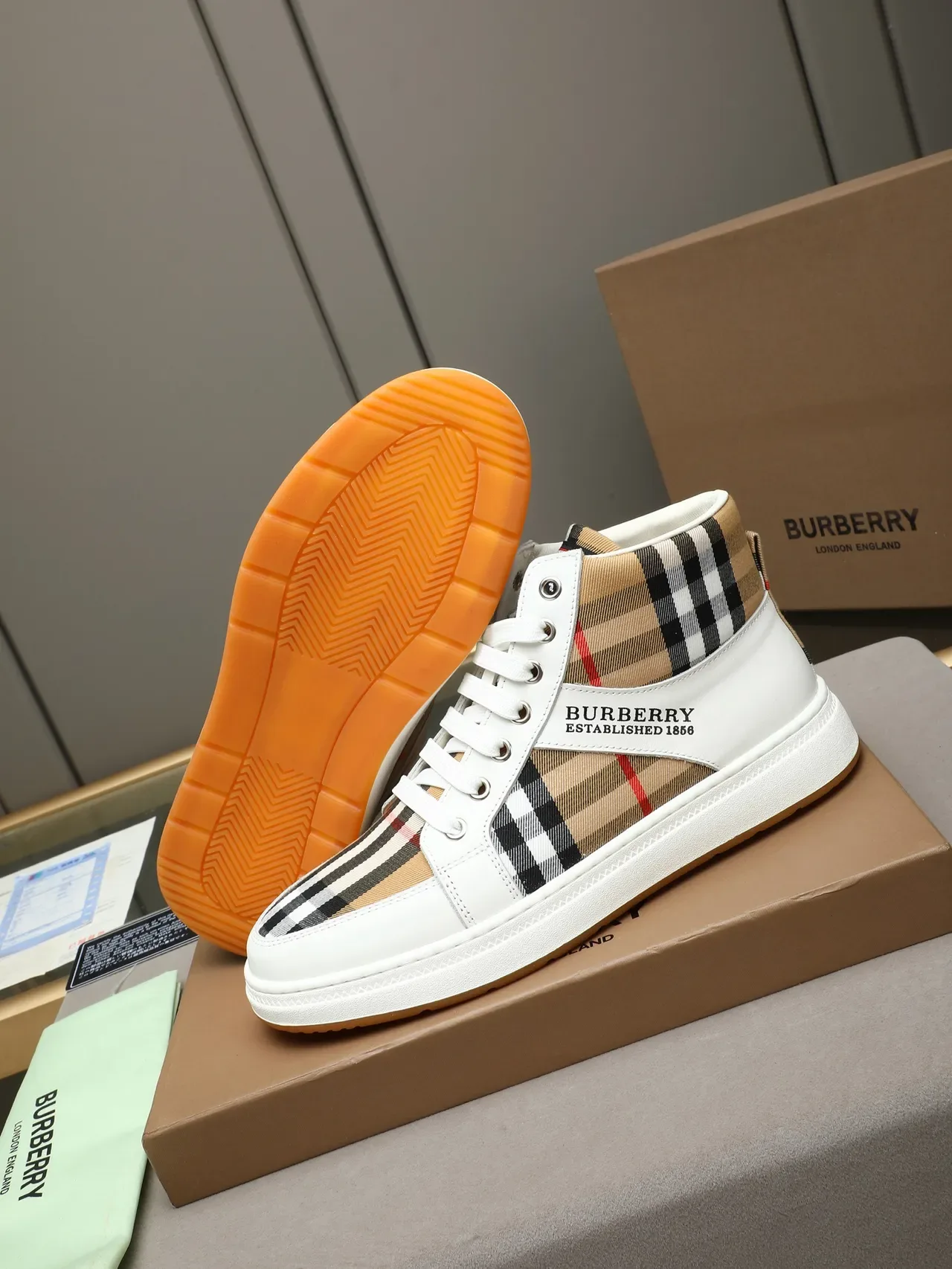 Burberry High-Top House Check and White Leather Lifestyle Sneakers 4