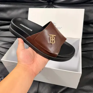 Burberry Knight Brown Black Monogrammed Leather Strap Thick Platform Sole Slippers