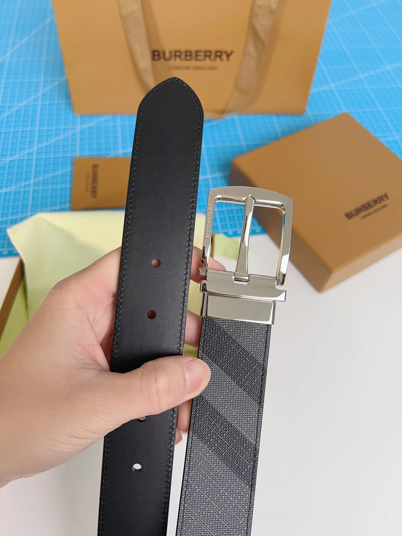 Burberry Knight Charcoal House Check Leather Belt 2