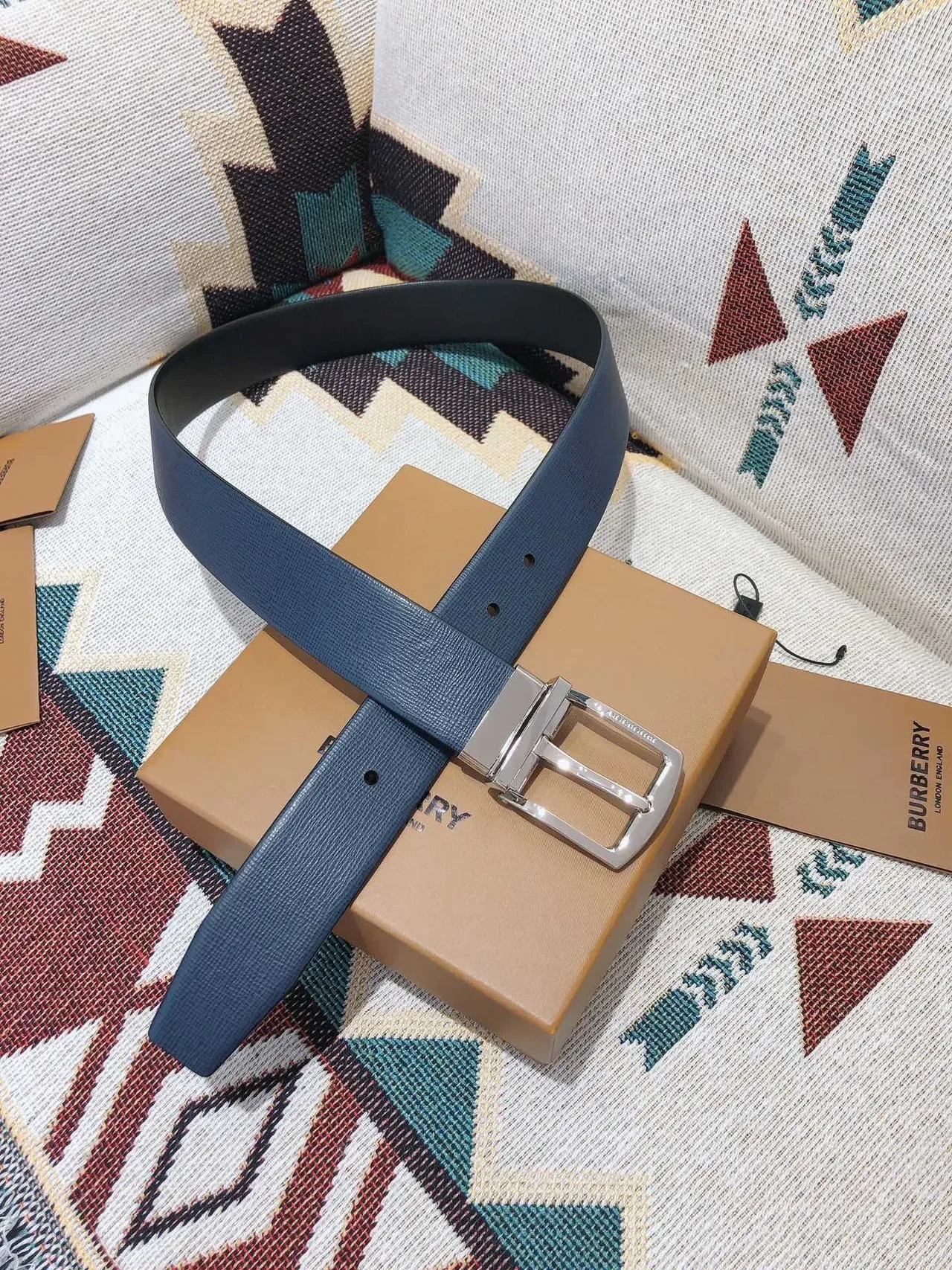 Burberry Knight Reversible Textured Blue Leather Belt 3