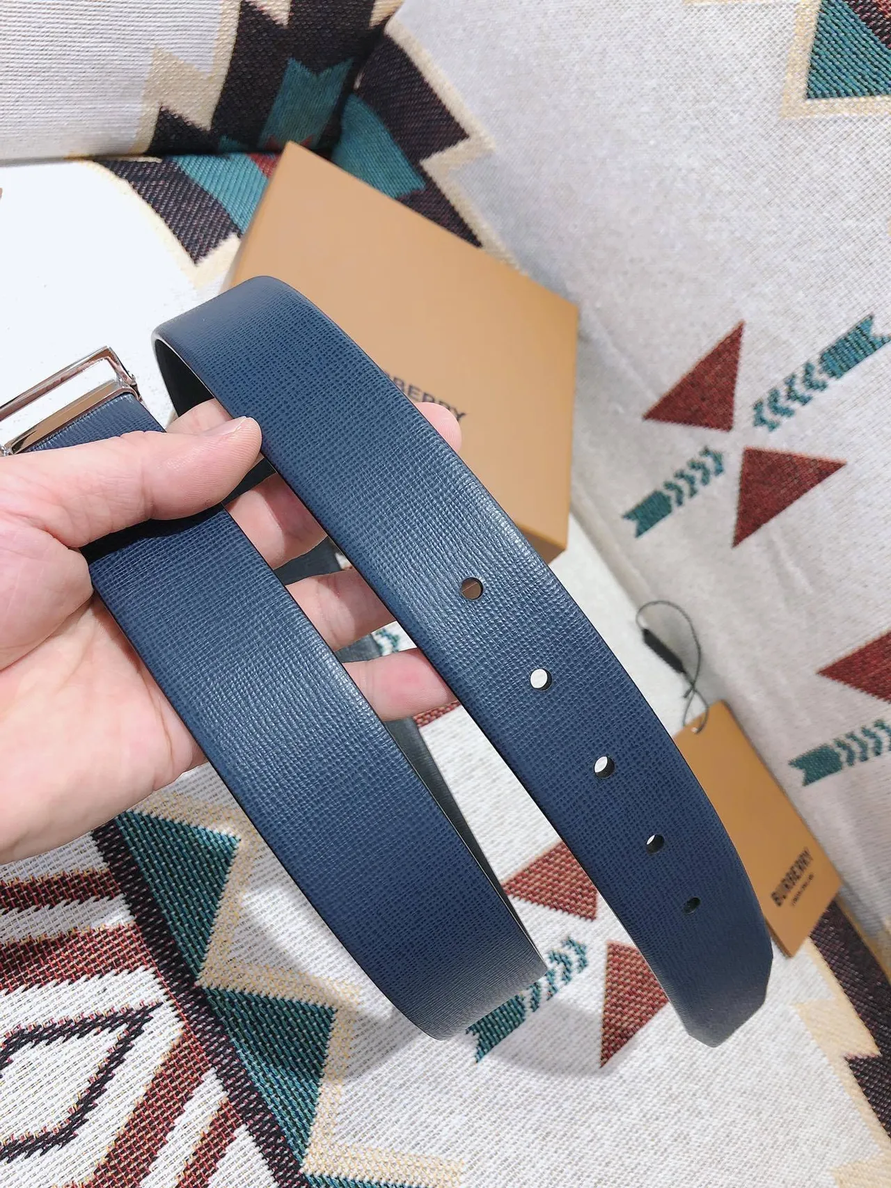 Burberry Knight Reversible Textured Blue Leather Belt 4