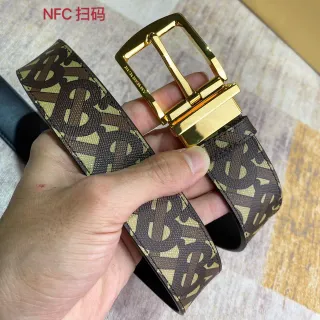 Burberry Ceinture Monogram Marron Beige Tissu Tissé Ceinture Cuir Réversible