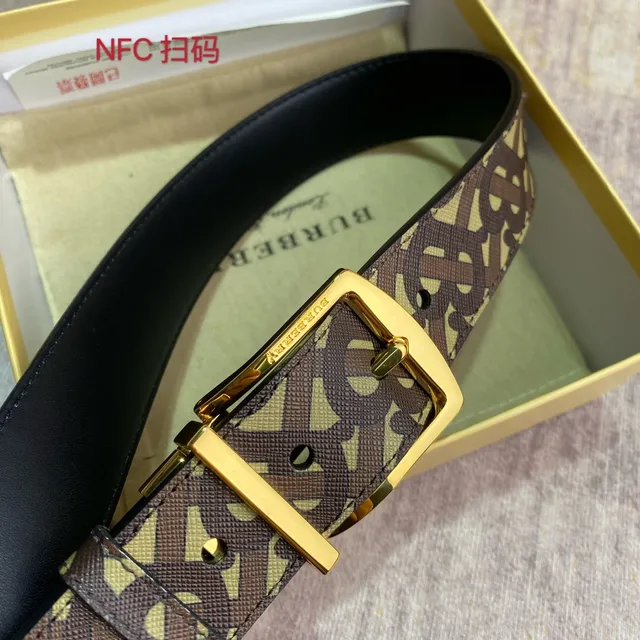 Burberry Monogram Belt Brown Beige Woven Fabric Reversible Leather Belt 3