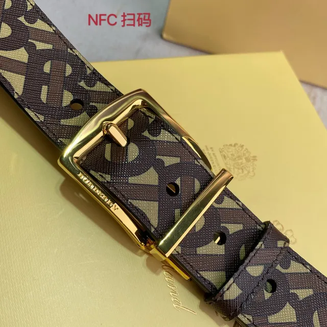 Burberry Monogram Belt Brown Beige Woven Fabric Reversible Leather Belt 4