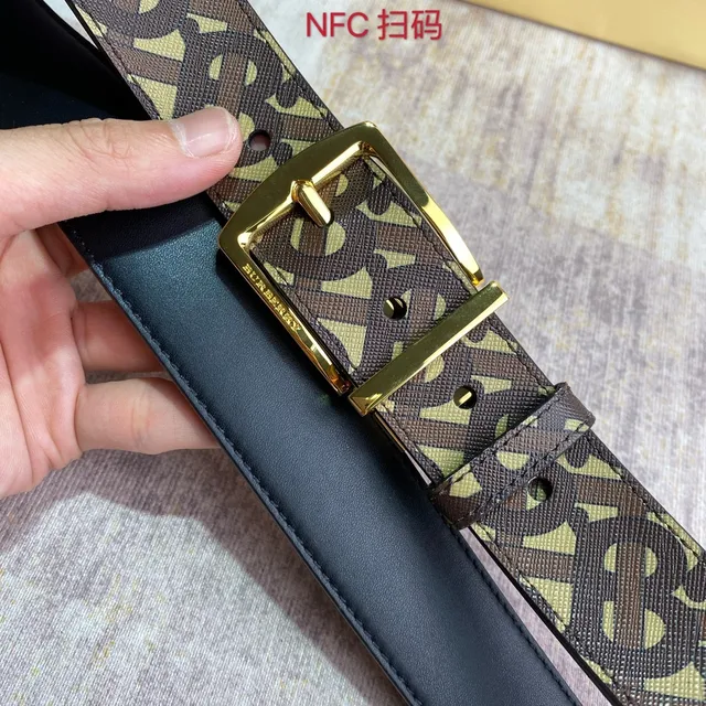 Burberry Monogram Belt Brown Beige Woven Fabric Reversible Leather Belt 5
