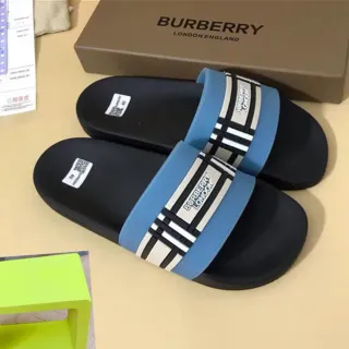 Burberry سلايدز أسود أزرق سولا مطاطية مولدة حزام عريض مخطط