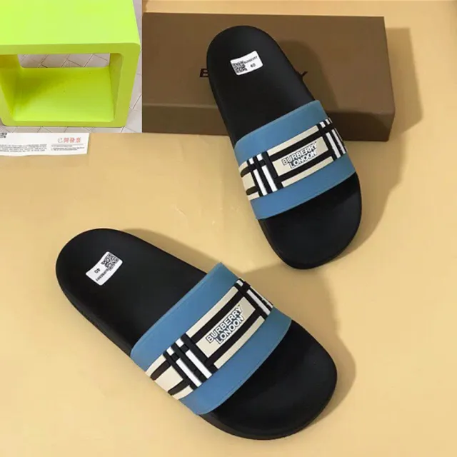 Burberry Slide Black Blue Molded Rubber Sole Wide Striped Strap Slippers 2