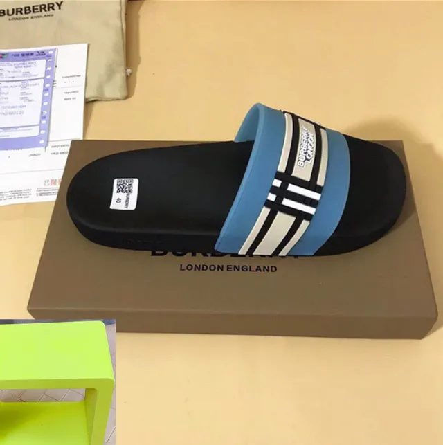 Burberry Slide Black Blue Molded Rubber Sole Wide Striped Strap Slippers 3
