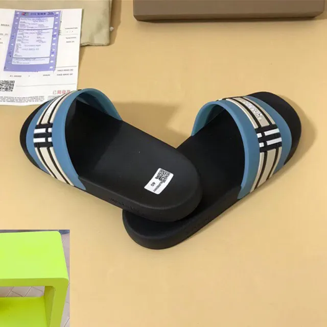 Burberry Slide Black Blue Molded Rubber Sole Wide Striped Strap Slippers 5