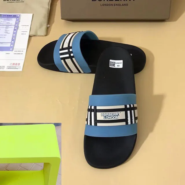 Burberry Slide Black Blue Molded Rubber Sole Wide Striped Strap Slippers 6