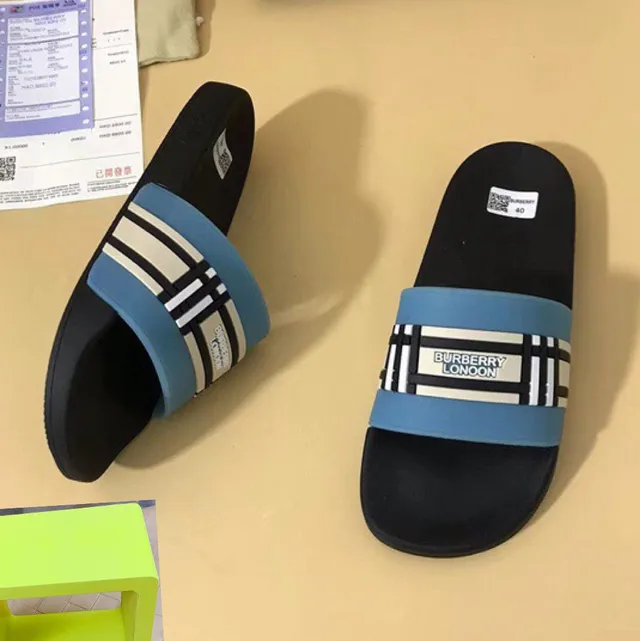 Burberry Slide Black Blue Molded Rubber Sole Wide Striped Strap Slippers 7