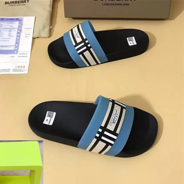 Burberry Slide Black Blue Molded Rubber Sole Wide Striped Strap Slippers 8