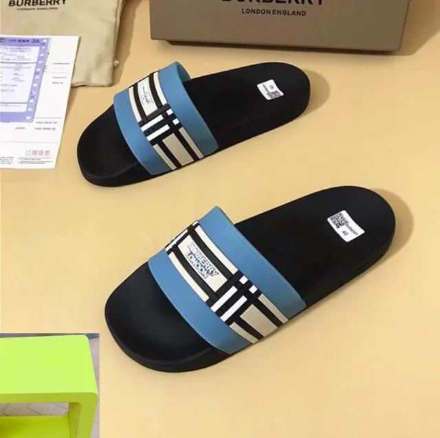 Burberry Slide Black Blue Molded Rubber Sole Wide Striped Strap Slippers 9