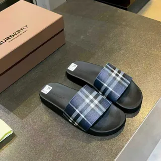 Burberry Slide Black Navy Rubber Sole Classic Check Strap Slippers