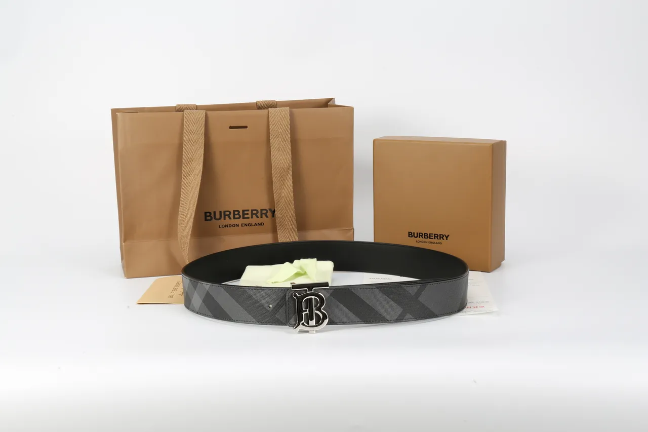 Burberry TB Monogram Ceinture en cuir à carreaux noirs et gris 2