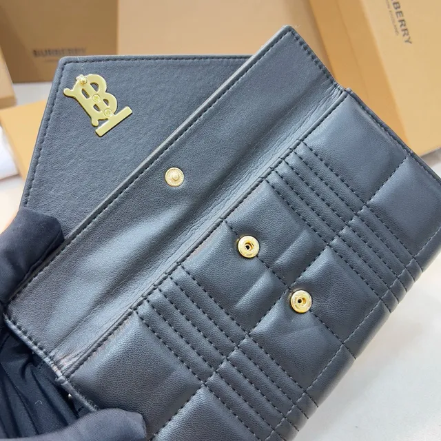 Burberry TB Monogram Black Gold Envelope Flap Quilted Leather Long Wallet 3