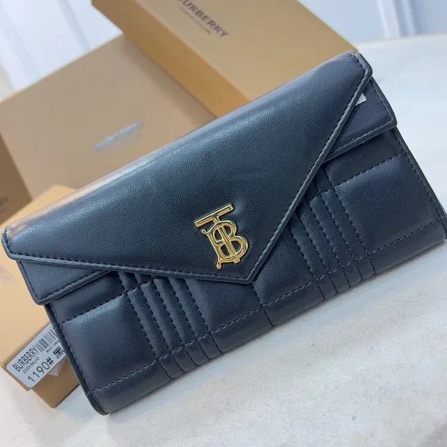 Burberry TB Monogram Black Gold Envelope Flap Quilted Leather Long Wallet 6