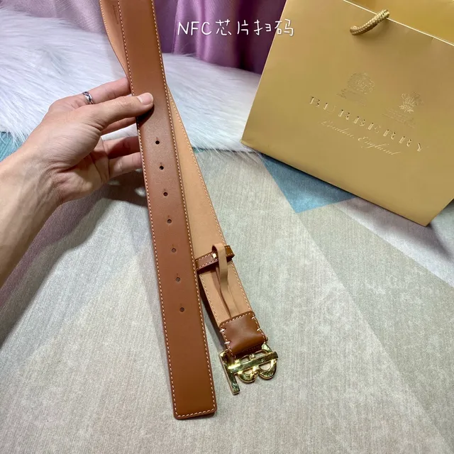 Burberry TB Shield Brown Beige Monogram Buckle Contrast White Stitching Leather Belt 2