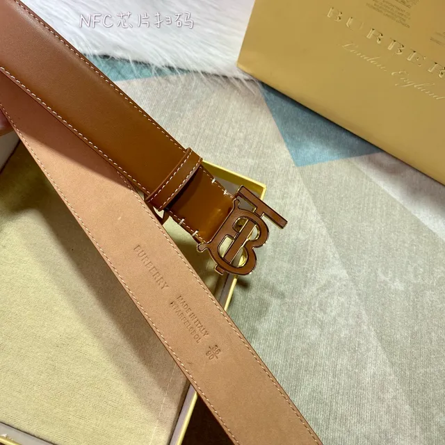 Burberry TB Shield Brown Beige Monogram Buckle Contrast White Stitching Leather Belt 3