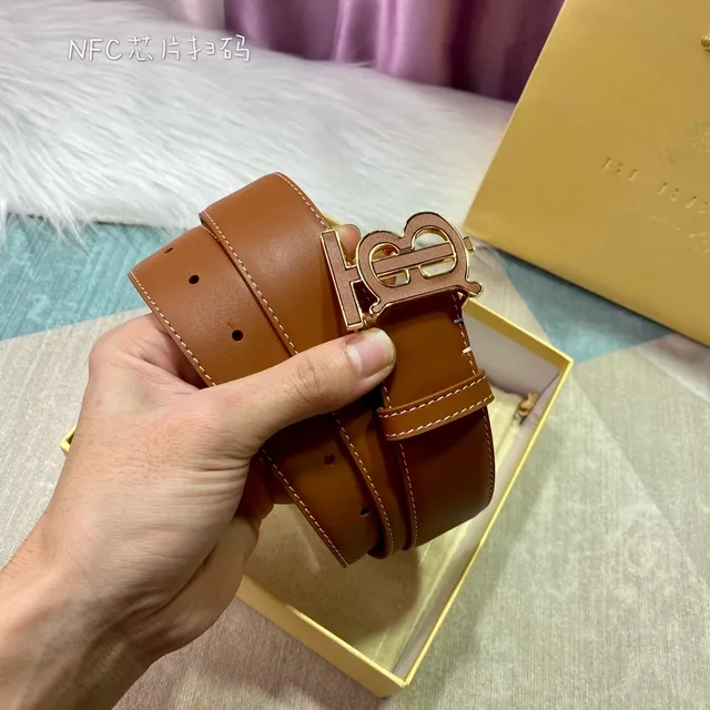 Burberry TB Shield Brown Beige Monogram Buckle Contrast White Stitching Leather Belt 4