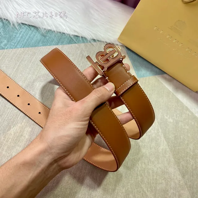 Burberry TB Shield Brown Beige Monogram Buckle Contrast White Stitching Leather Belt 5