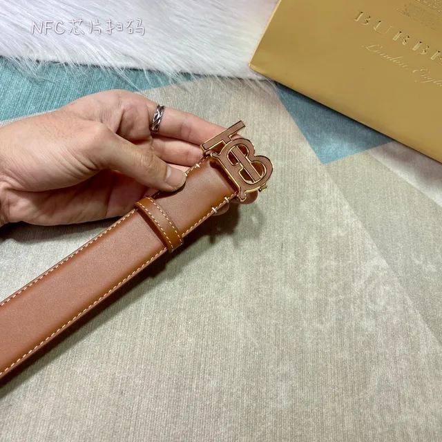 Burberry TB Shield Brown Beige Monogram Buckle Contrast White Stitching Leather Belt 6