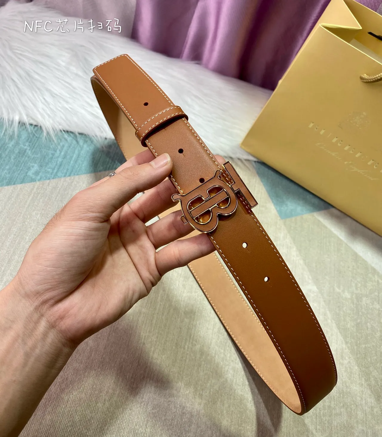 Burberry TB Shield Brown Beige Monogram Buckle Contrast White Stitching Leather Belt 7