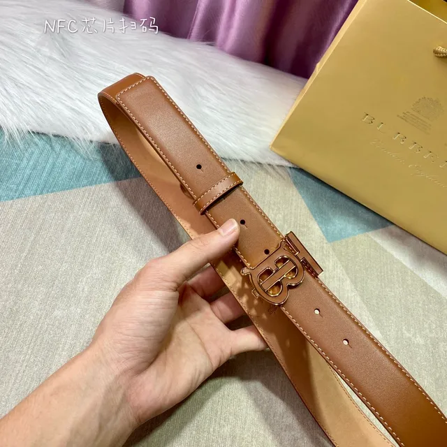 Burberry TB Shield Brown Beige Monogram Buckle Contrast White Stitching Leather Belt 8