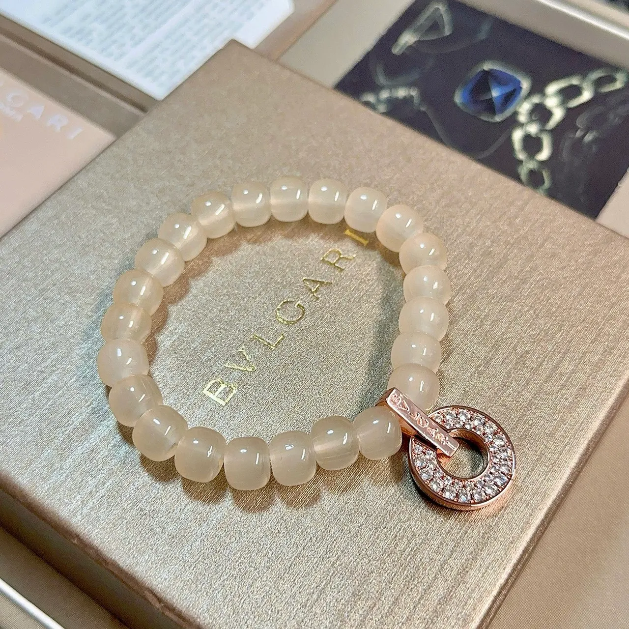 Bvlgari B.zero1 Beige Gold Beaded Pavé-Diamond Ring Charm Bracelet 3