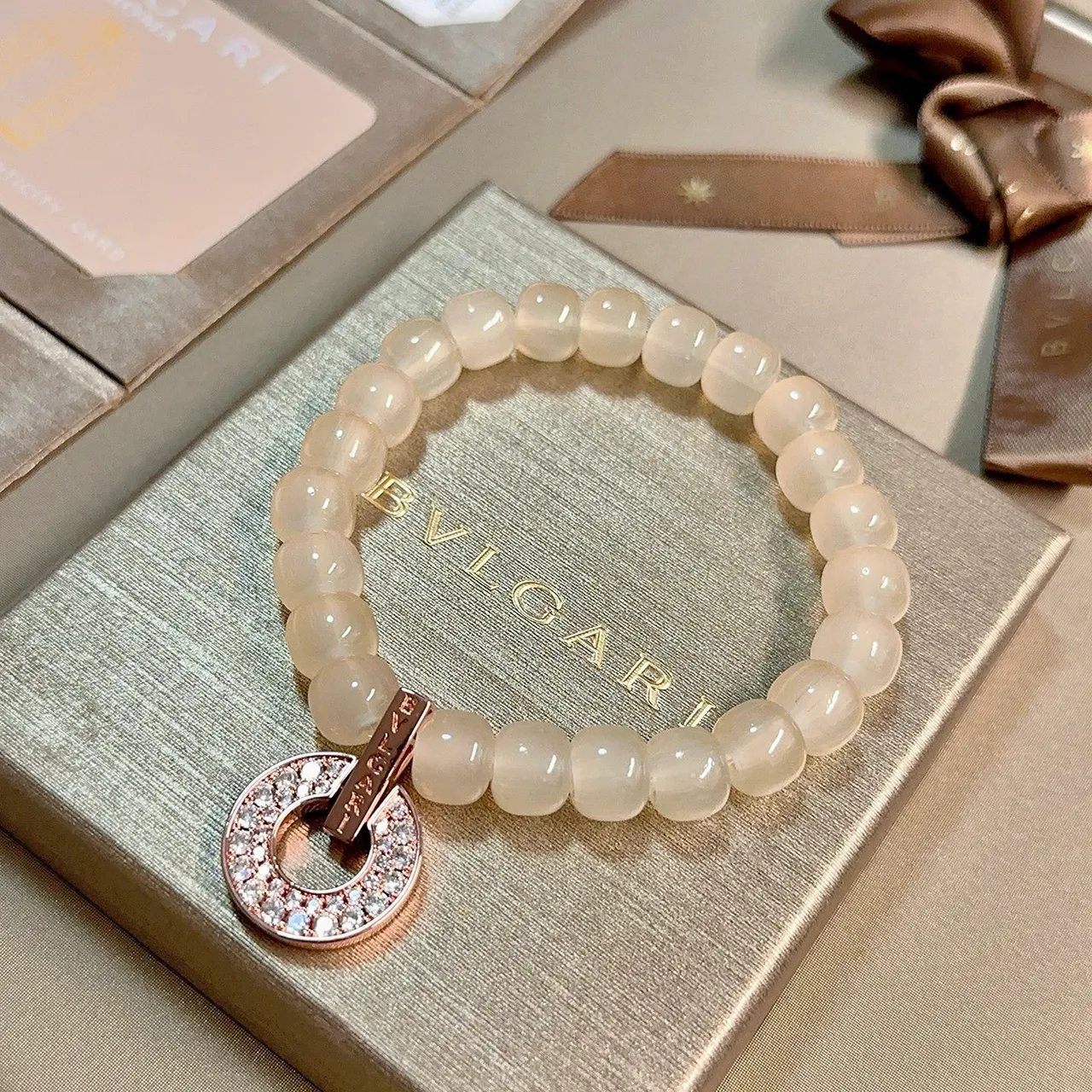 Bvlgari B.zero1 Beige Gold Beaded Pavé-Diamond Ring Charm Bracelet 6