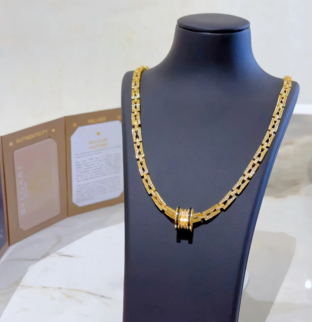 Bvlgari B.zero1 ذهب أسود سلسلة مرصعة بالماس نمط مزدوج دوامة قلادة 3