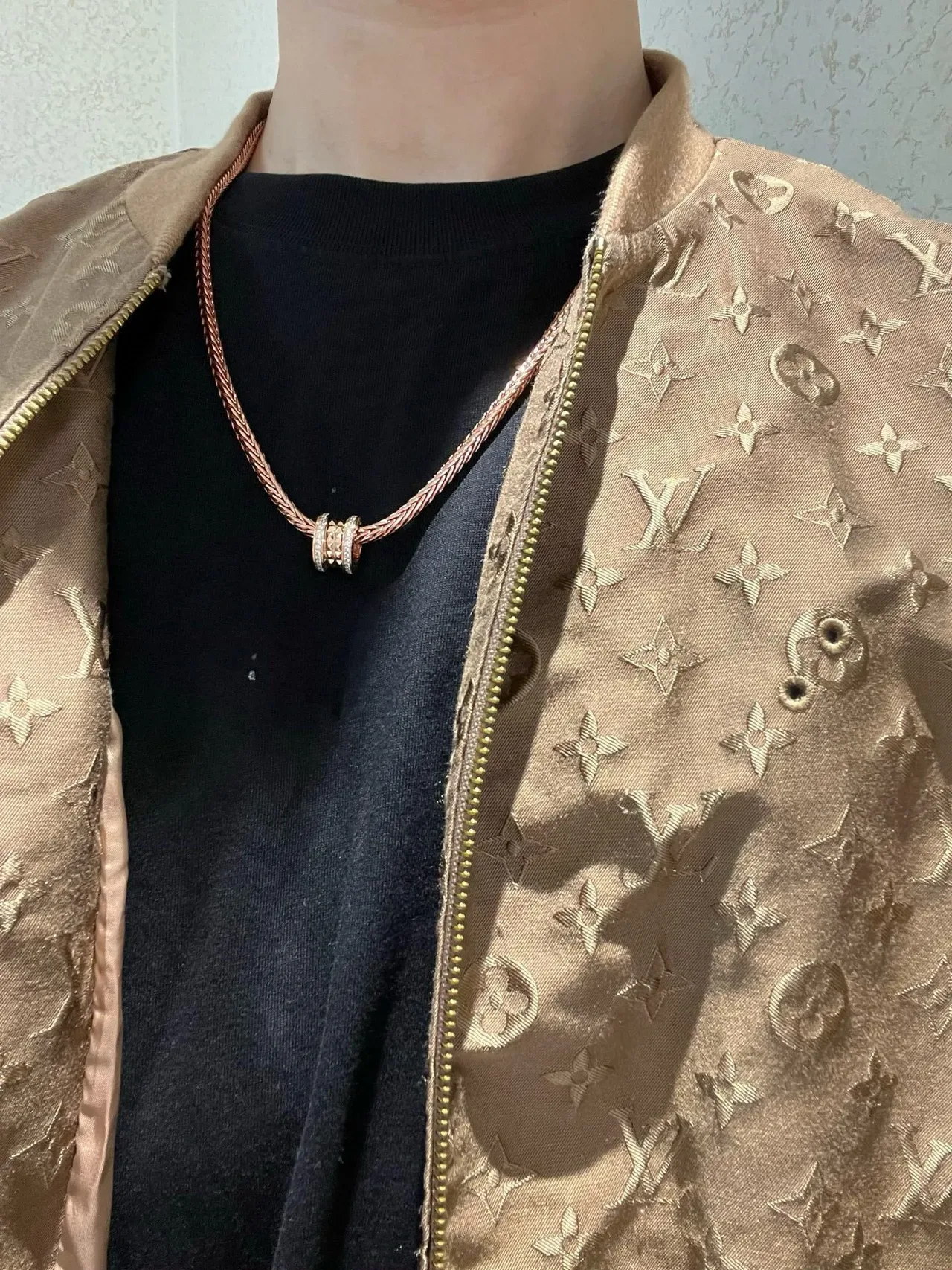 Bvlgari 金白编织小麦链圆柱多环吊坠项链 5
