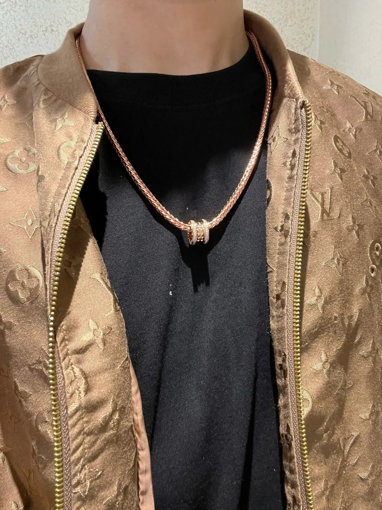 Bvlgari 金白编织小麦链圆柱多环吊坠项链 8