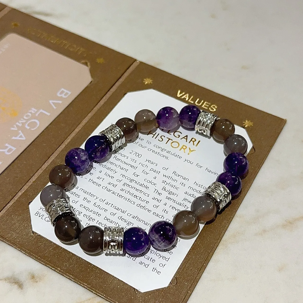 Bvlgari Perles rondes en pierre polie gris-violet ton argent gravé séparateurs en forme de baril bijoux 3