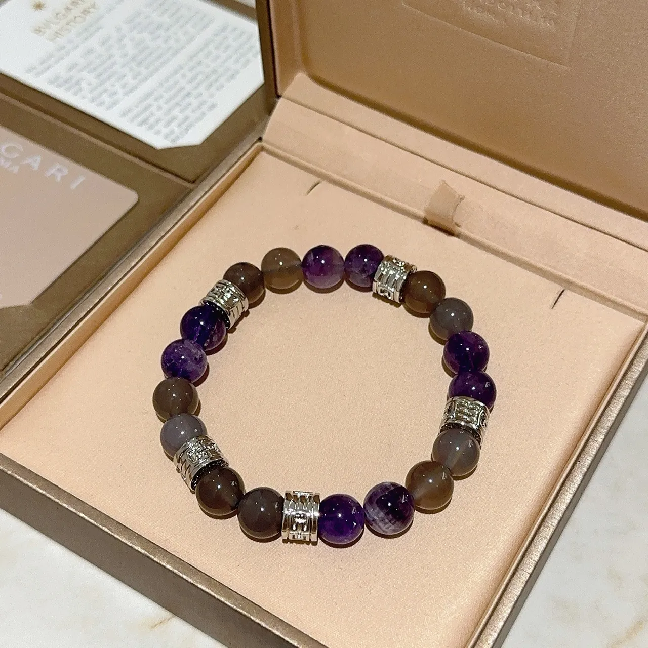Bvlgari Perles rondes en pierre polie gris-violet ton argent gravé séparateurs en forme de baril bijoux 4