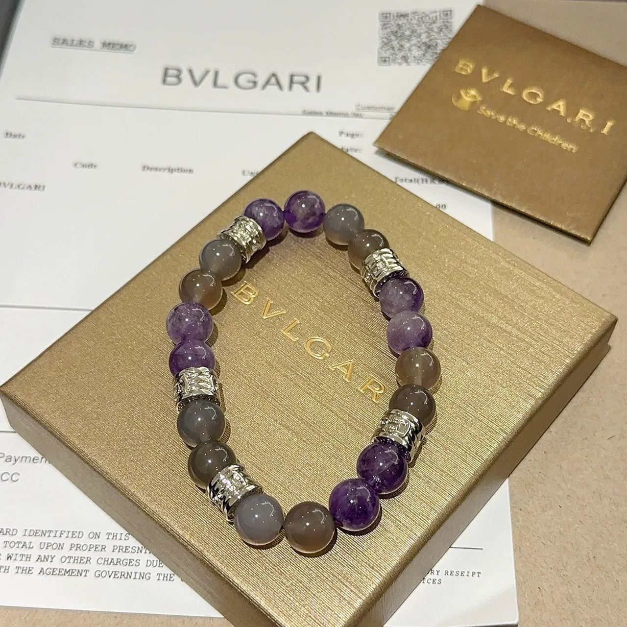 Bvlgari Perles rondes en pierre polie gris-violet ton argent gravé séparateurs en forme de baril bijoux 5
