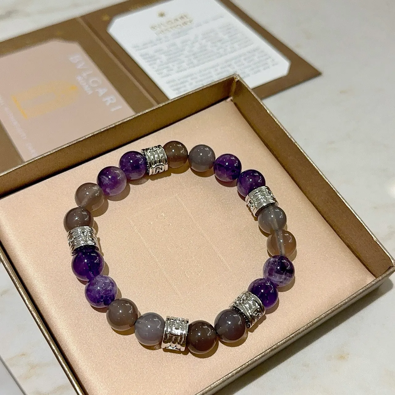 Bvlgari Perles rondes en pierre polie gris-violet ton argent gravé séparateurs en forme de baril bijoux 6