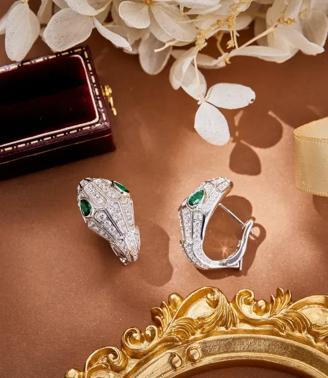 Bvlgari Serpenti Pavé Diamond and Emerald Snake-Head Earrings 3