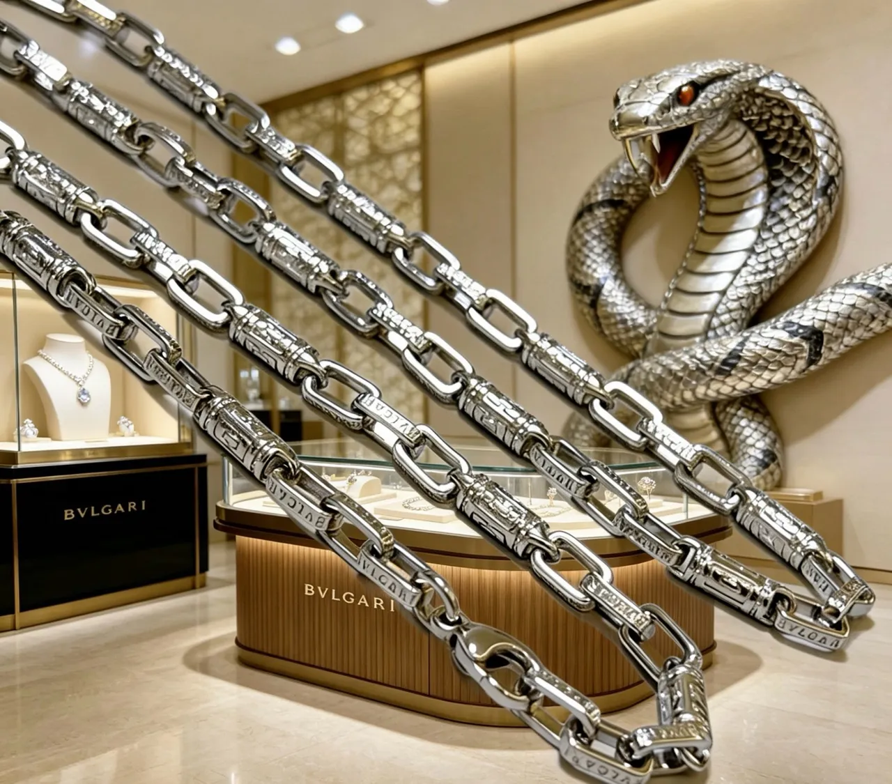 Bvlgari Argenté Beige Chaîne à maillons épais texturée avec accents cylindriques Collier 3