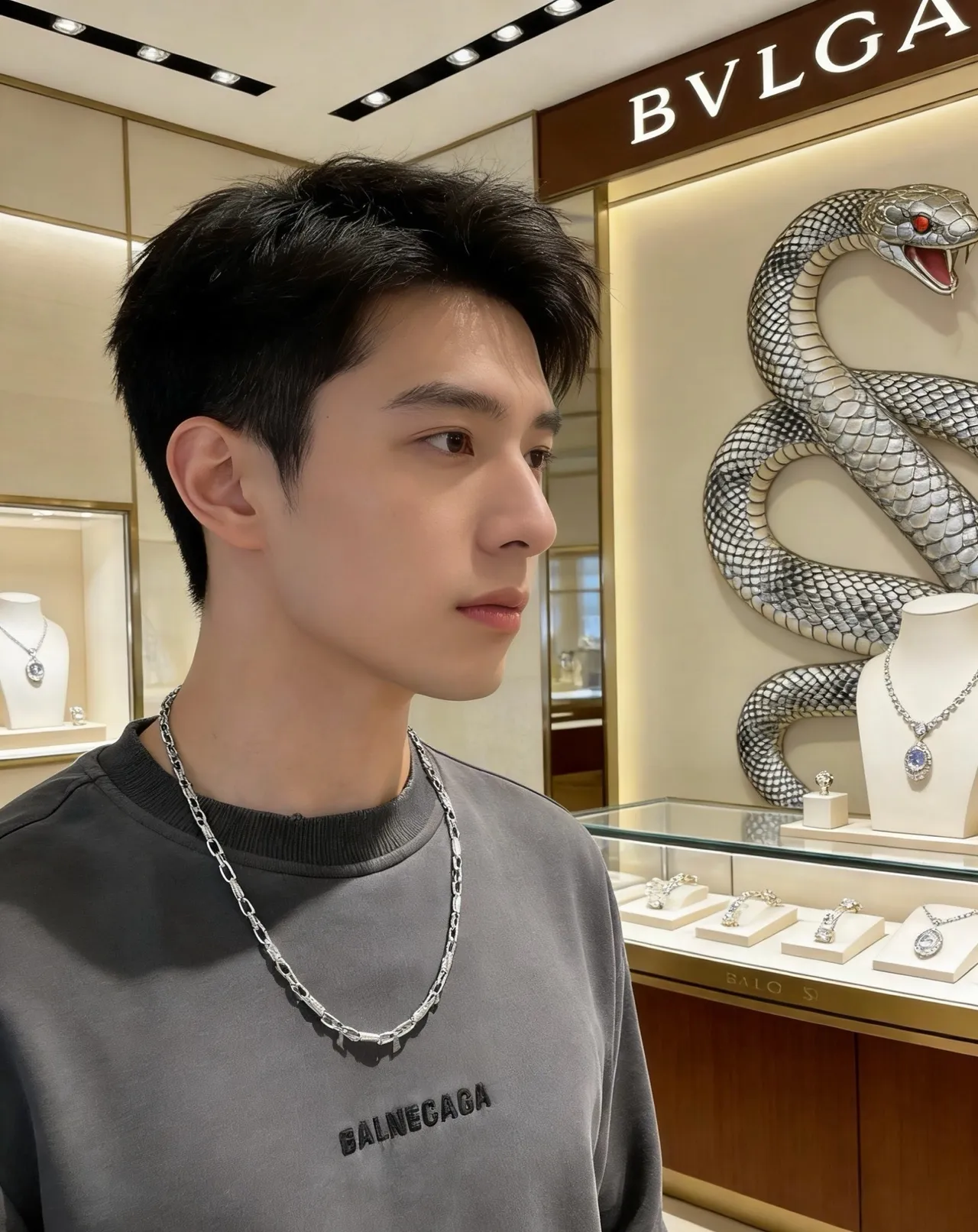 Bvlgari Argenté Beige Chaîne à maillons épais texturée avec accents cylindriques Collier 8