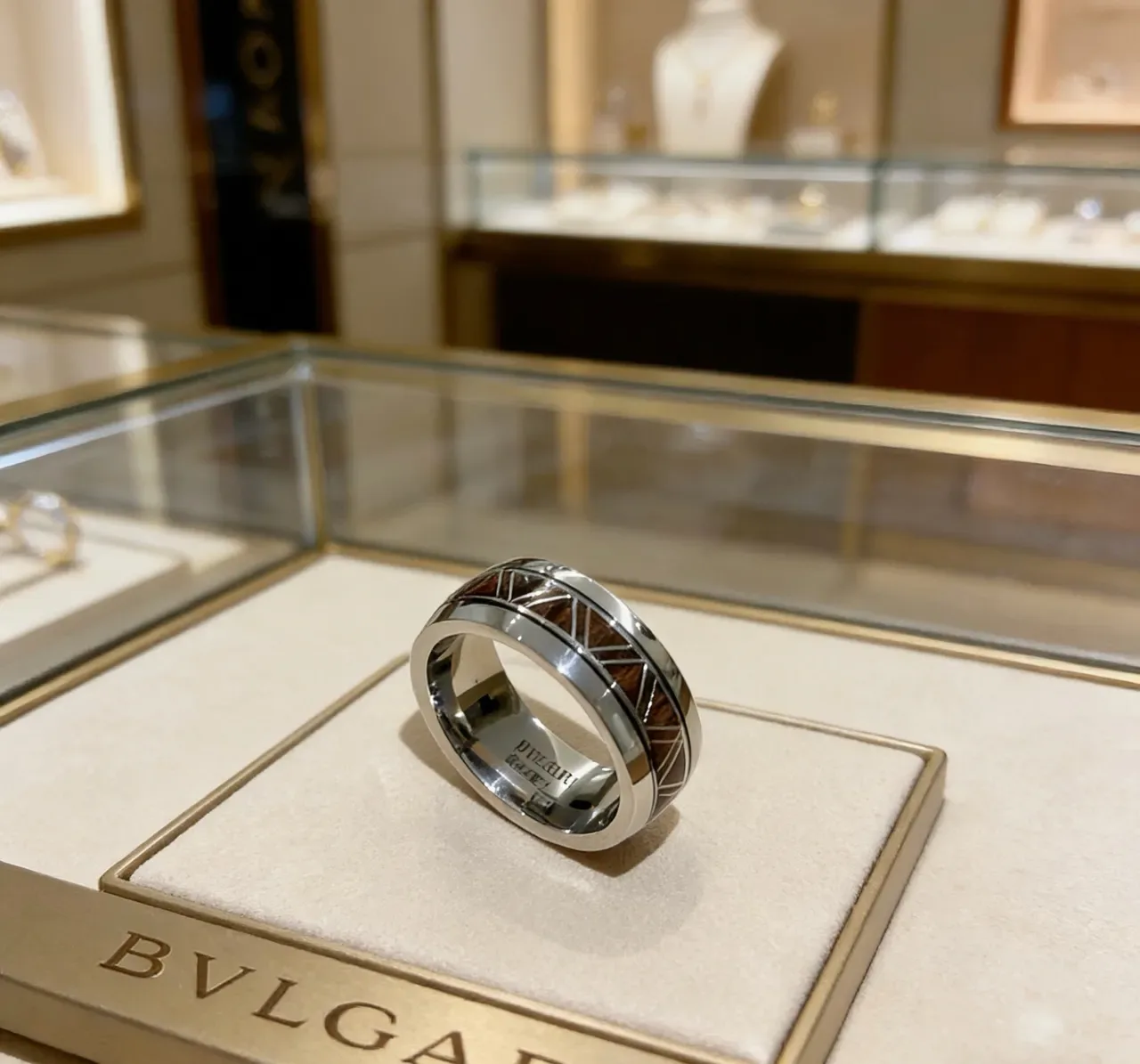 Bvlgari Silver Brown Wide Band Polished Metal Ring 4