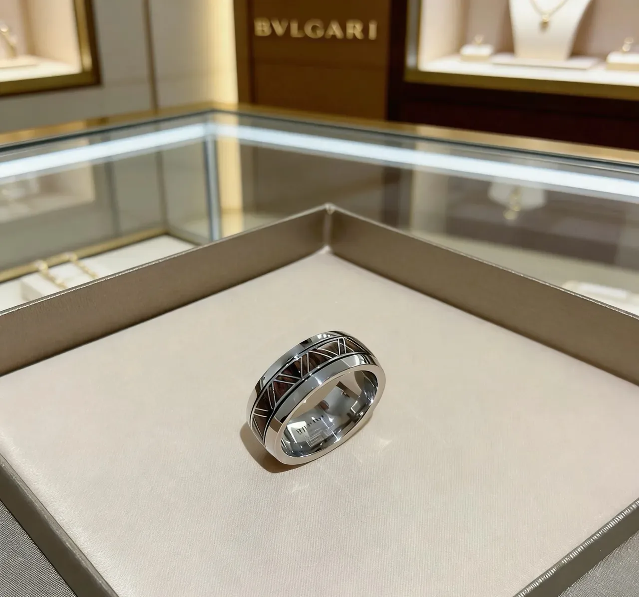 Bvlgari Silver Brown Wide Band Polished Metal Ring 6