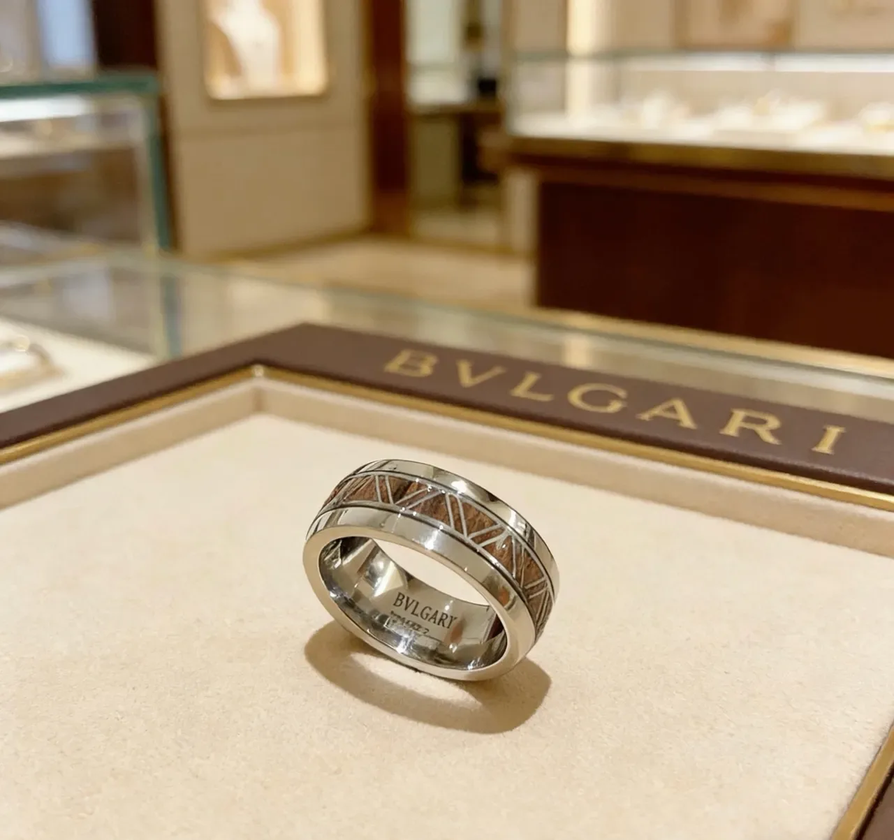 Bvlgari Silver Brown Wide Band Polished Metal Ring 7