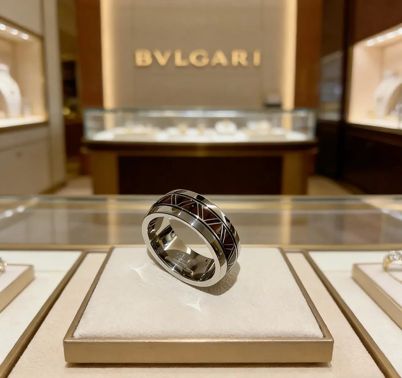 Bvlgari Silver Brown Wide Band Polished Metal Ring 9