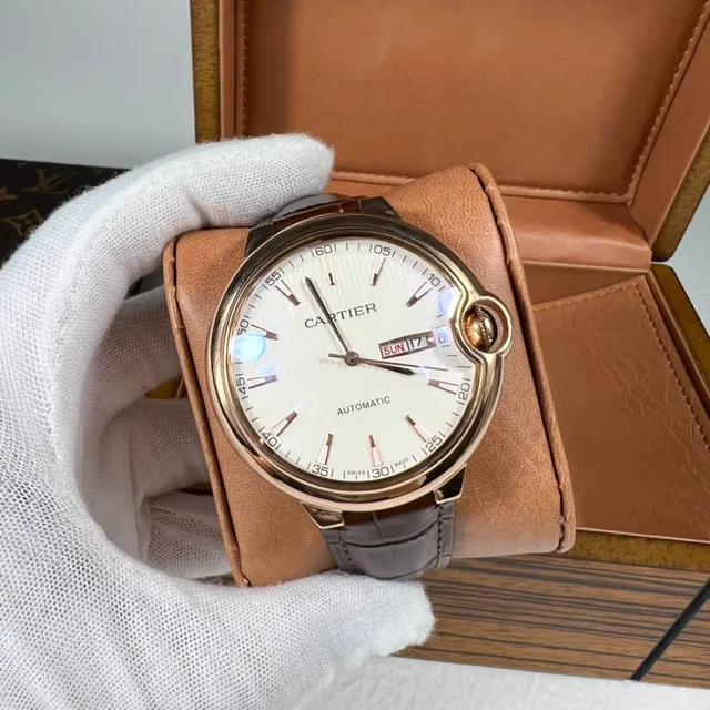 Cartier Ballon Bleu Brown Gold Round Case Rose Mechanical Watch 4