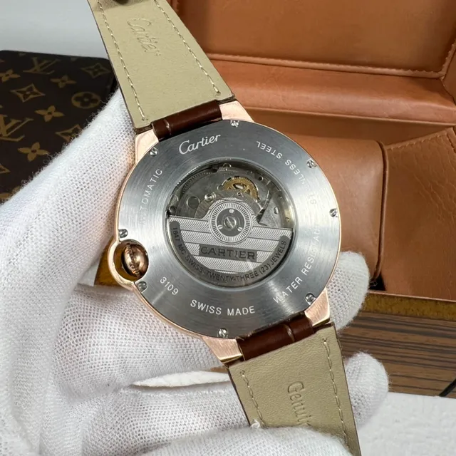 Cartier Ballon Bleu Brown Gold Round Case Rose Mechanical Watch 5